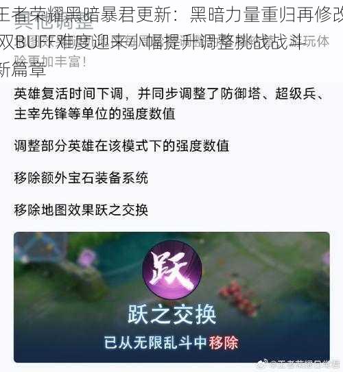 王者荣耀黑暗暴君更新：黑暗力量重归再修改 双BUFF难度迎来小幅提升调整挑战战斗新篇章