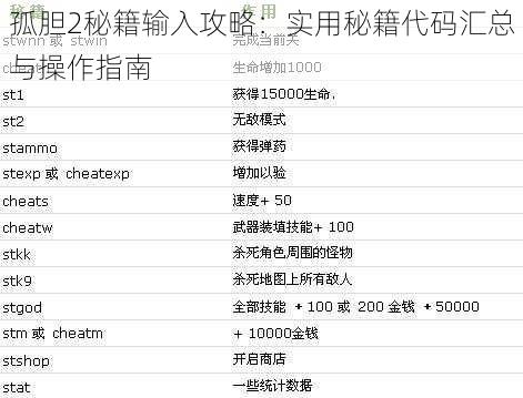 孤胆2秘籍输入攻略：实用秘籍代码汇总与操作指南