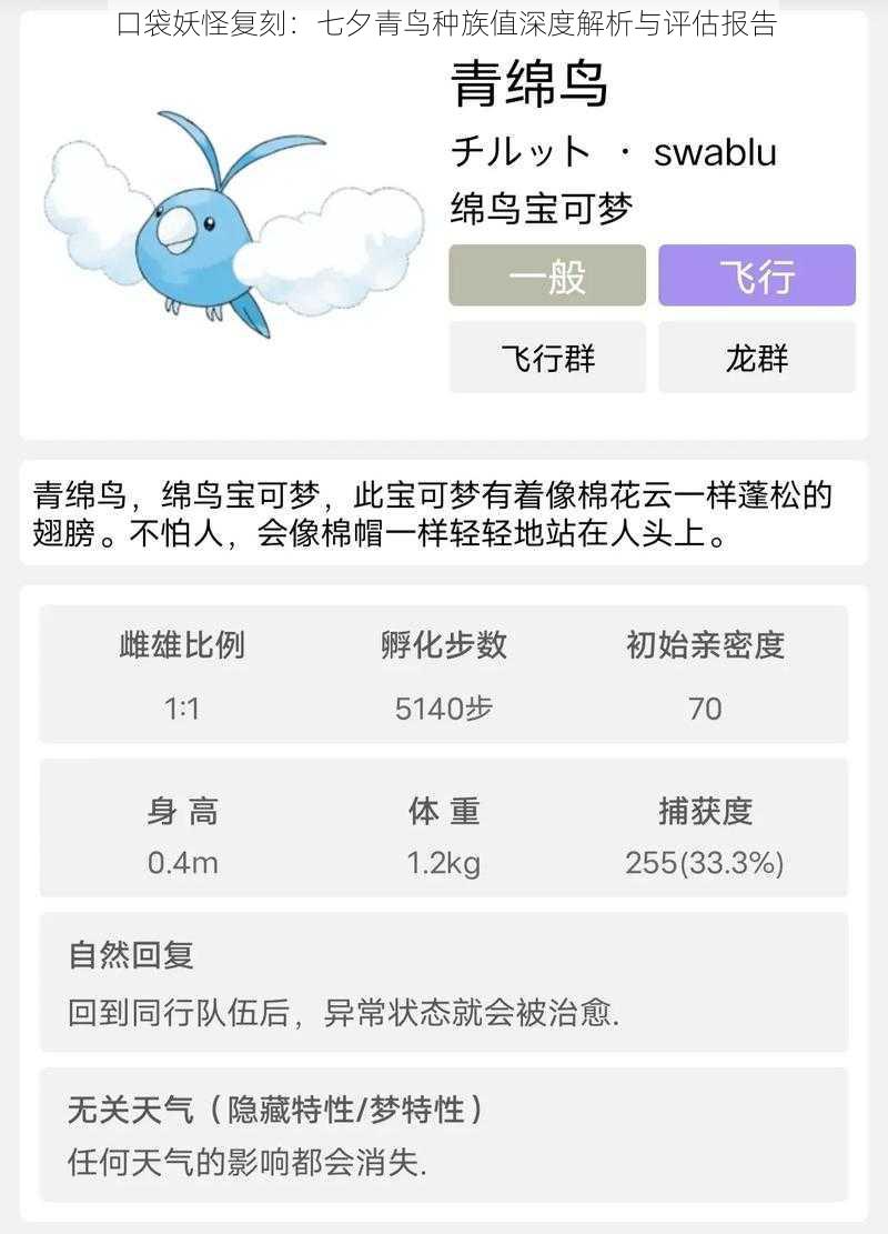 口袋妖怪复刻：七夕青鸟种族值深度解析与评估报告